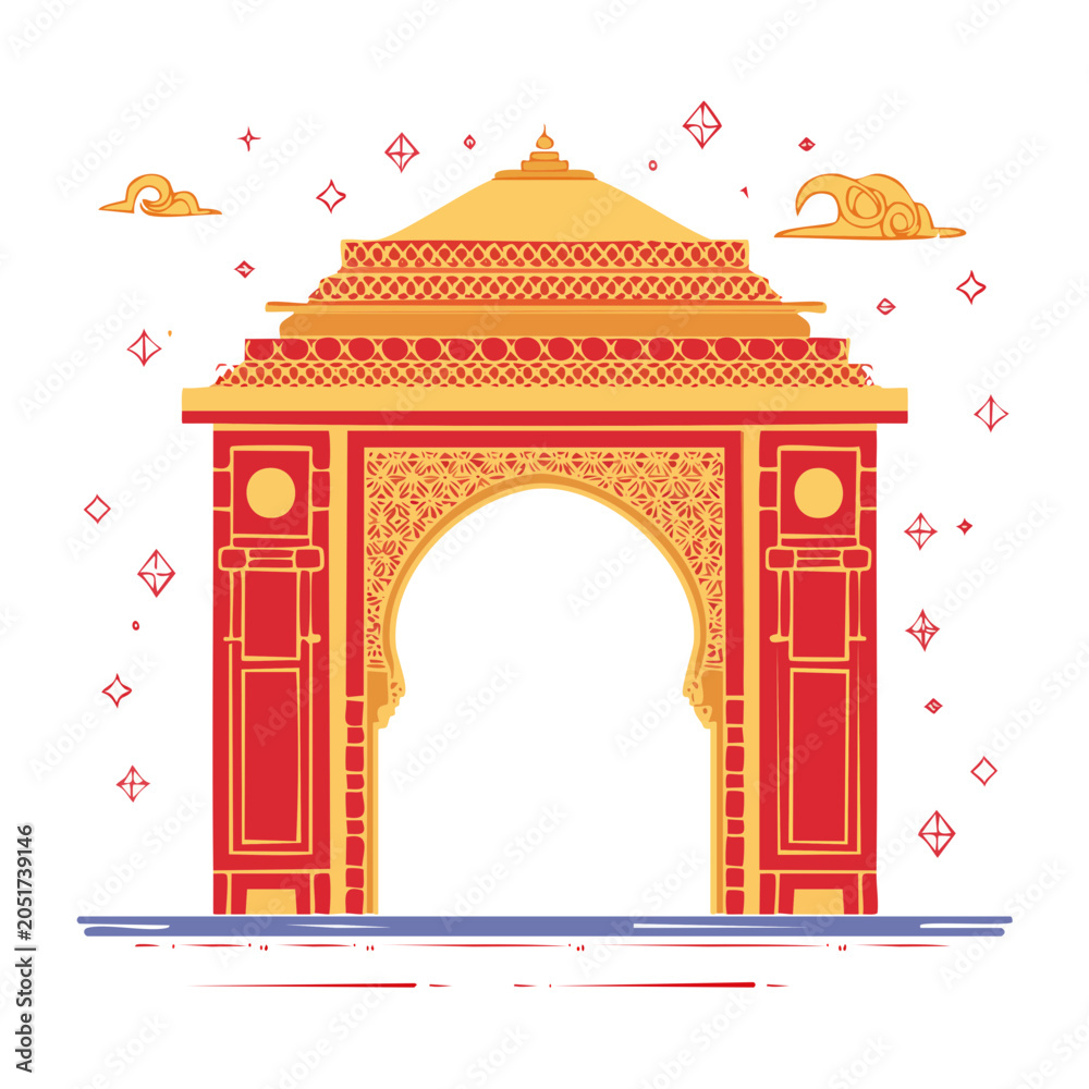 Fototapeta premium Ornate Red and Yellow Archway with Clouds and Stars
