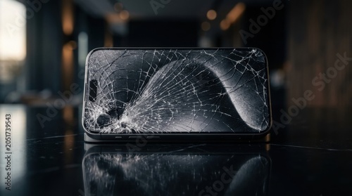 Broken smartphone screen with shattered glass on reflective dark surface in dim lighting