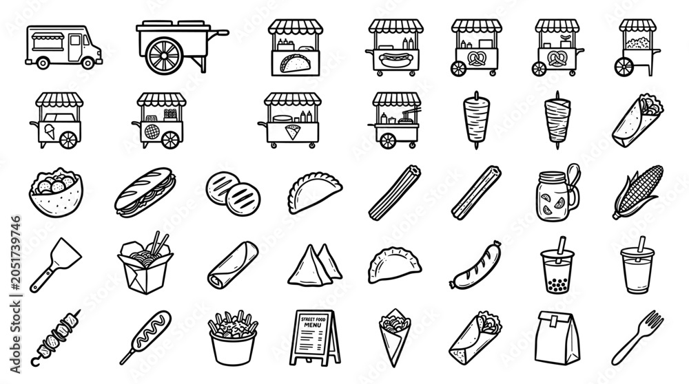 Naklejka premium Street food icon set featuring various snacks carts and cooking utensils