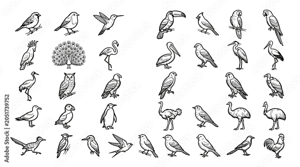Fototapeta premium Diverse collection of hand-drawn stylized birds in various poses