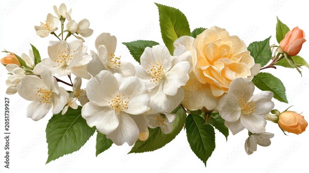 Naklejka premium Beautiful Floral Arrangement Featuring Delicate White Jasmine, Creamy Roses, and Fresh Green Leaves in a Soft and Elegant Design for Nature Lovers