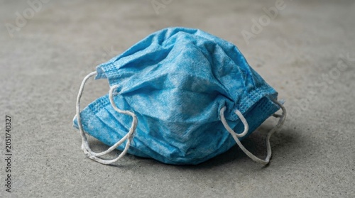 Crumpled blue disposable face mask on concrete surface with natural light