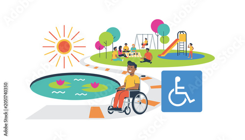 Wheelchair user on a park path near a playground and pond with an accessibility sign for inclusive public space and community design.