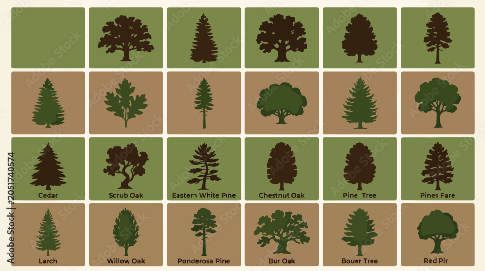 Naklejka premium Collection of various tree types in green and brown squares.
