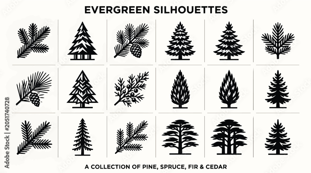 Obraz premium Collection of silhouette icons representing various evergreen trees and branches.