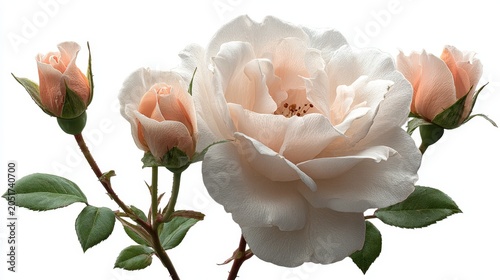 Elegant white rose bloom with delicate pink buds presenting exquisite beauty, perfect for themes of romance, nature, and floral arrangements in creative projects