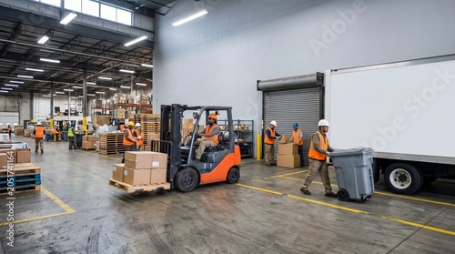 Professional warehouse workers in safety gear managing logistics, operating a forklift, and loading a delivery truck in a large industrial distribution center