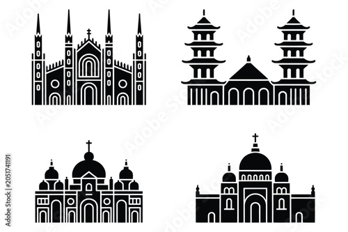 Tablou pe pânză Set of architectural landmarks and religious building silhouettes for travel des