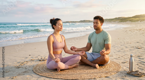 Couple practicing meditation together on the beach during sunset near the ocean