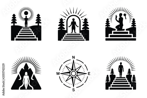 Schilderij op canvas Set of spiritual enlightenment icons with figures and stairs spiritual enlighten