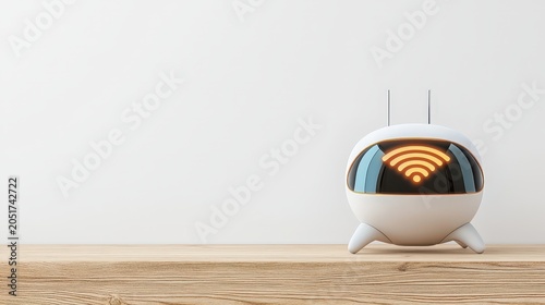 Modern Smart Robot with Wi-Fi Symbol on Wooden Shelf in Contemporary Minimalist Interior Setting