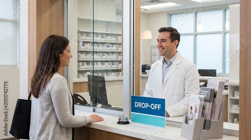 Pharmacist smiles at a female customer while standing behind the designated drop-off counter in a clean and modern pharmacy.