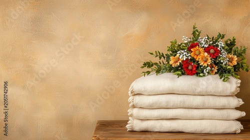 Soft linens stacked neatly with a vibrant flower arrangement on a wooden table against a textured background