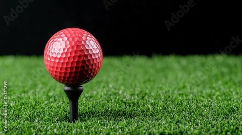 Red golf ball on black tee resting on green grass in studio background for sport concept illustration