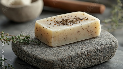 Freshly Made Natural Soap on Stone Surface with Herbs and Sea Salt Enhancing Rustic Home Decor Aesthetic