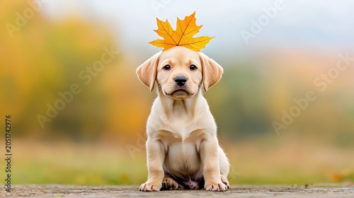 Adorable puppy with autumn leaf on head in serene outdoor setting surrounded by beautiful fall colors