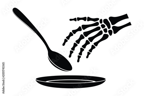 Bild auf Leinwand Skeleton hand reaching towards empty spoon and plate illustration with skeleton