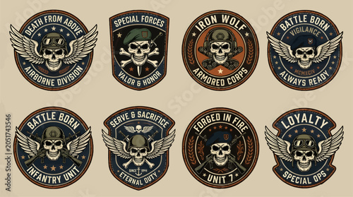 Bild auf Leinwand Collection of Vintage Military Skull Emblems with Wings, Helmets, and Weapons, F