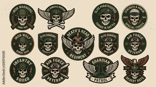 Foto Vintage Military Skull Emblems and Badges Vector Set, Featuring Infantry, Air Fo