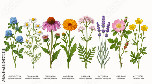 Bild auf Leinwand Collection of Medicinal Wild Flowers and Herbs with Scientific Names, Including