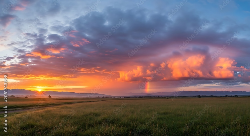 Obraz premium Stunning sunset over a grassy field with a small rainbow