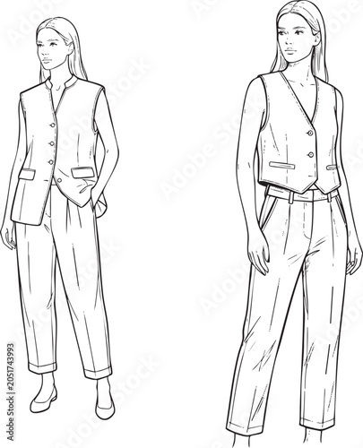 Modern women's tailored vest and formal pants fashion sketch, hand-drawn vector engraving illustration of a contemporary outfit lookbook pose.