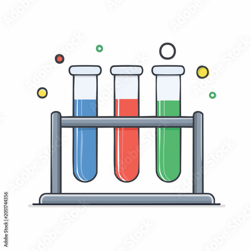 Three Test Tubes with Colored Liquids in a Rack