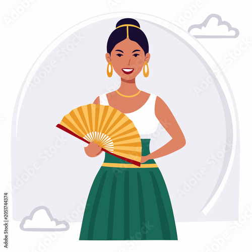 Woman in Traditional Dress Holding a Fan