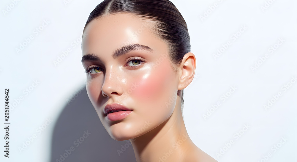 Fototapeta premium Radiant Woman Face with Dewy Skin, Natural Makeup, and Soft Lighting