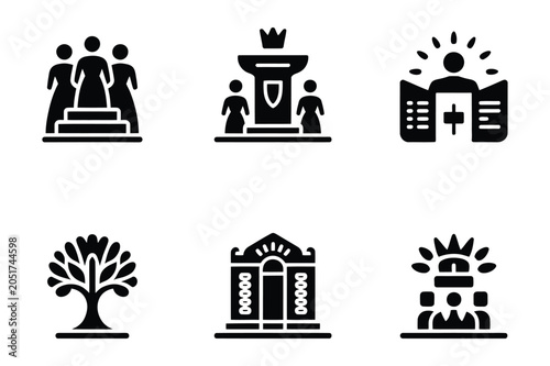 Collection of community and cultural leadership icons featuring podium and ceremony