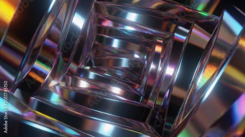 Abstract 3D Tunnel Featuring Recursive Metallic Geometric Shapes and Prismatic Light Reflections