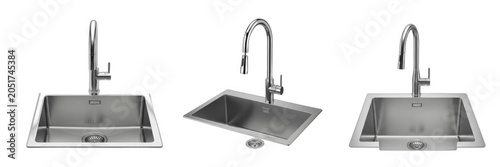 Schilderij op canvas Modern Stainless Steel Kitchen Sink with Elegant Gooseneck Faucet Tap Appliance