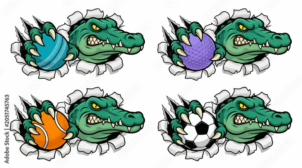 Fototapeta premium Green Alligator Mascot Ripping Through Paper, Holding Sports Balls: Cricket, Golf, Tennis, Soccer. Vector Illustration
