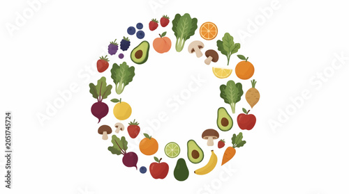 Canvas-taulu Flat Design Circle of Diverse Fresh Fruits and Vegetables, Healthy Eating Concep