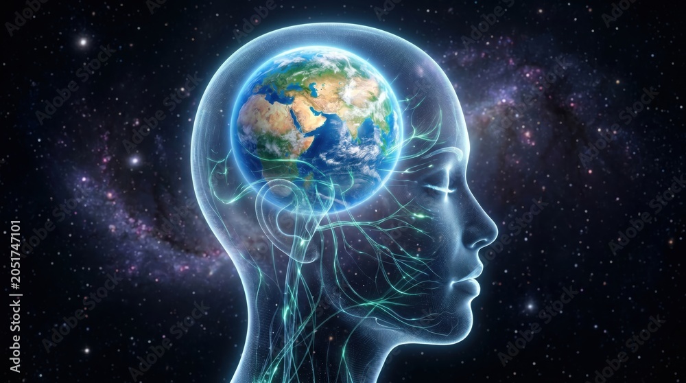 Obraz premium Glowing translucent human head profile with planet Earth, globe inside the brain against a starry space background. Consciousness and environmental awareness concept.