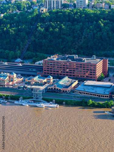 Aerial shot along the Monongahela River in Pittsburgh Pennsylvania USA