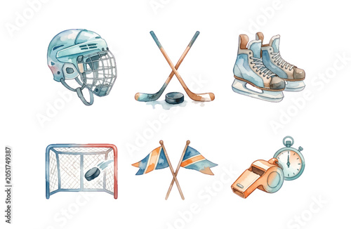 Photography Watercolor ice hockey equipment elements icons set