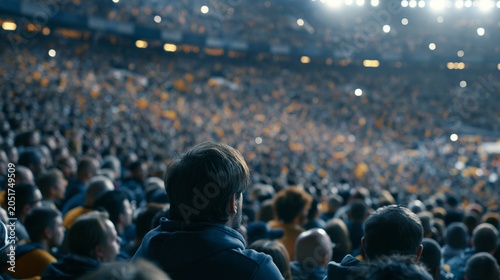 A panoramic view of a packed stadium crowd thousands of passionate soccer fans closely packed their energy and team spirit palpable from behind.