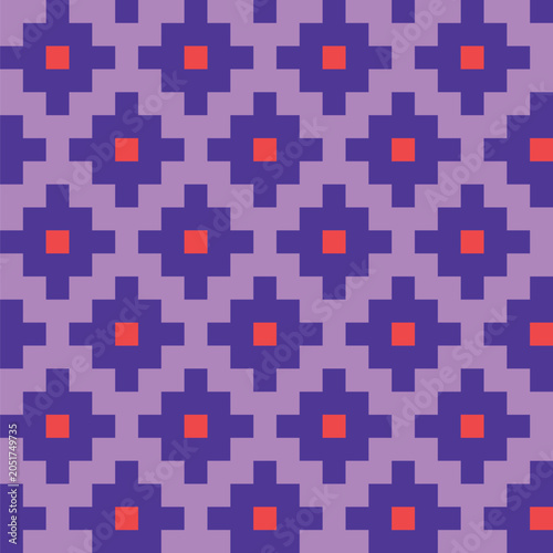 Seamless stepped diamond pattern created from coral and violet squares on a lavender background