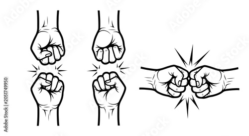 Schilderij op canvas Fist Bump, Hand Gesture Icons, Black and White Vector Illustrations, 4 Emotive D