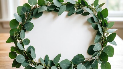 Eucalyptus garland arranged in a circle on a wooden surface with a blurred background