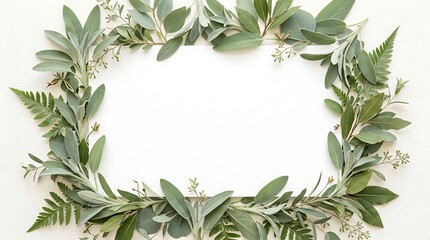 Elegant Floral Border Frame with Greenery and Leaves on a White Background