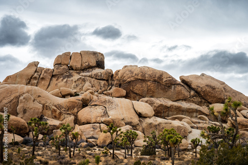 landscapes of rock formations in Joshua Tree National Park in Southern California