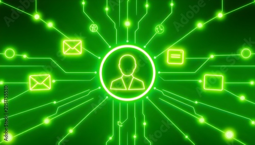 A person icon glows brightly connected to various digital symbols on a green circuit board.