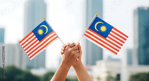 Hands holding Malaysian flags against city skyline in bright daylight celebration