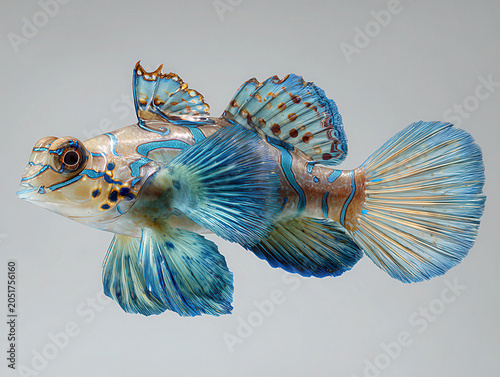 Detailed sculpture of a blue dragonet fish, vibrant fins with feather-like textures, natural light reflecting scales, photorealistic style, dynamic composition, clean background - AI-Generated