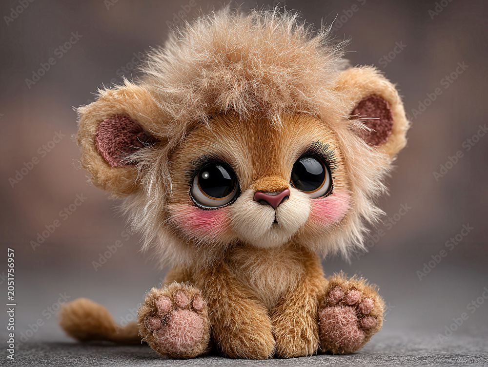 Fototapeta premium Close-up image of a realistic plush toy, resembling a lion cub, posed on hind legs with paws crossed The cub is light and dark brown with expressive eyes and a hint of teeth, displayed - AI-Generated
