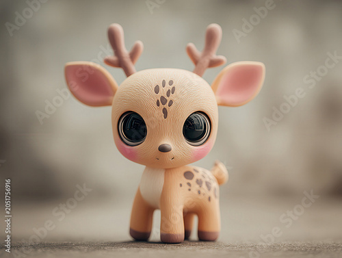 Trendy cartoon fawn figure, beige with brown spots, big expressive eyes, stone floor background, soft lighting, indoor setting - AI-Generated