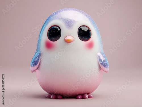 Trendy cartoon penguin chick toy, pinkish pastel tones, stylized 3D representation, round head with expressive eyes, pink beak, egg-shaped body, webbed feet, minimalist background, soft - AI-Generated