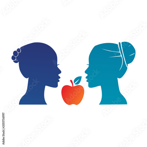 Two faces in profile facing an apple
